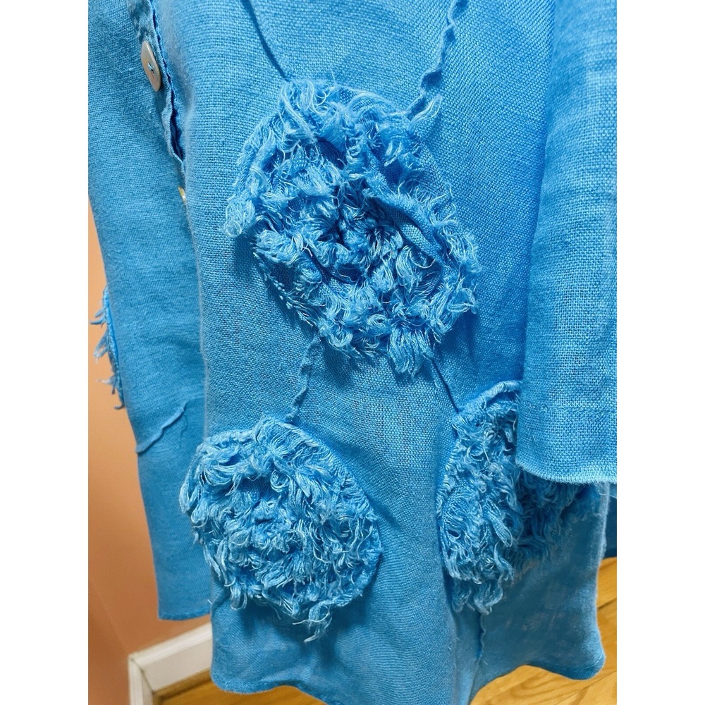 Ali Miles linen shirt Small resort tunic art to wear flowers Aqua blue - Picture 5 of 9